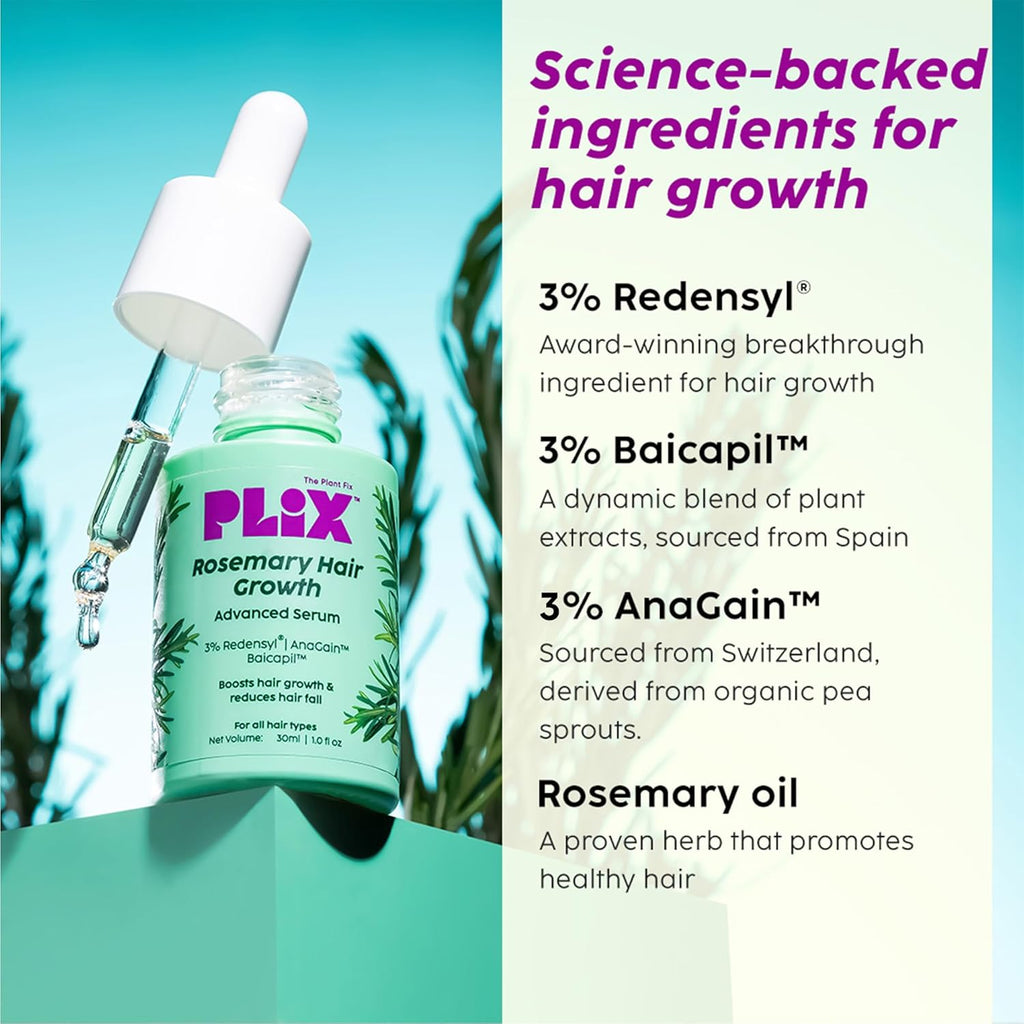 Plix Rosemary Hair Growth Advanced Serum (30 ml) | 3% Redensyl, 3% AnaGain & 3% Baicapil | Supports new hair growth & Helps strengthen Hair roots | Dermatologically tested | For Men & Women