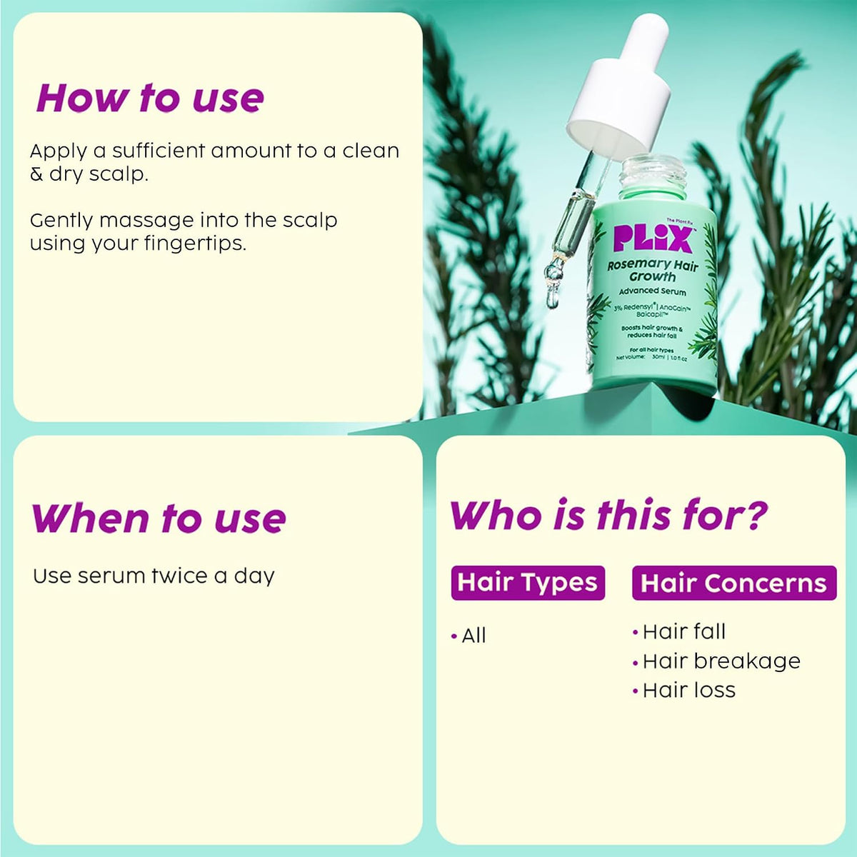 Plix Rosemary Hair Growth Advanced Serum (30 ml) | 3% Redensyl, 3% AnaGain & 3% Baicapil | Supports new hair growth & Helps strengthen Hair roots | Dermatologically tested | For Men & Women