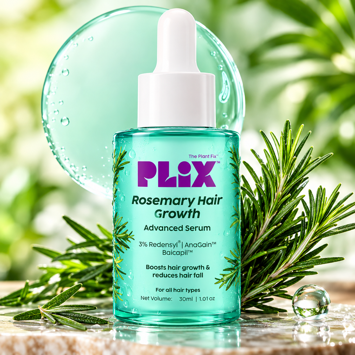 Plix Rosemary Hair Growth Advanced Serum (30 ml) | 3% Redensyl, 3% AnaGain & 3% Baicapil | Supports new hair growth & Helps strengthen Hair roots | Dermatologically tested | For Men & Women